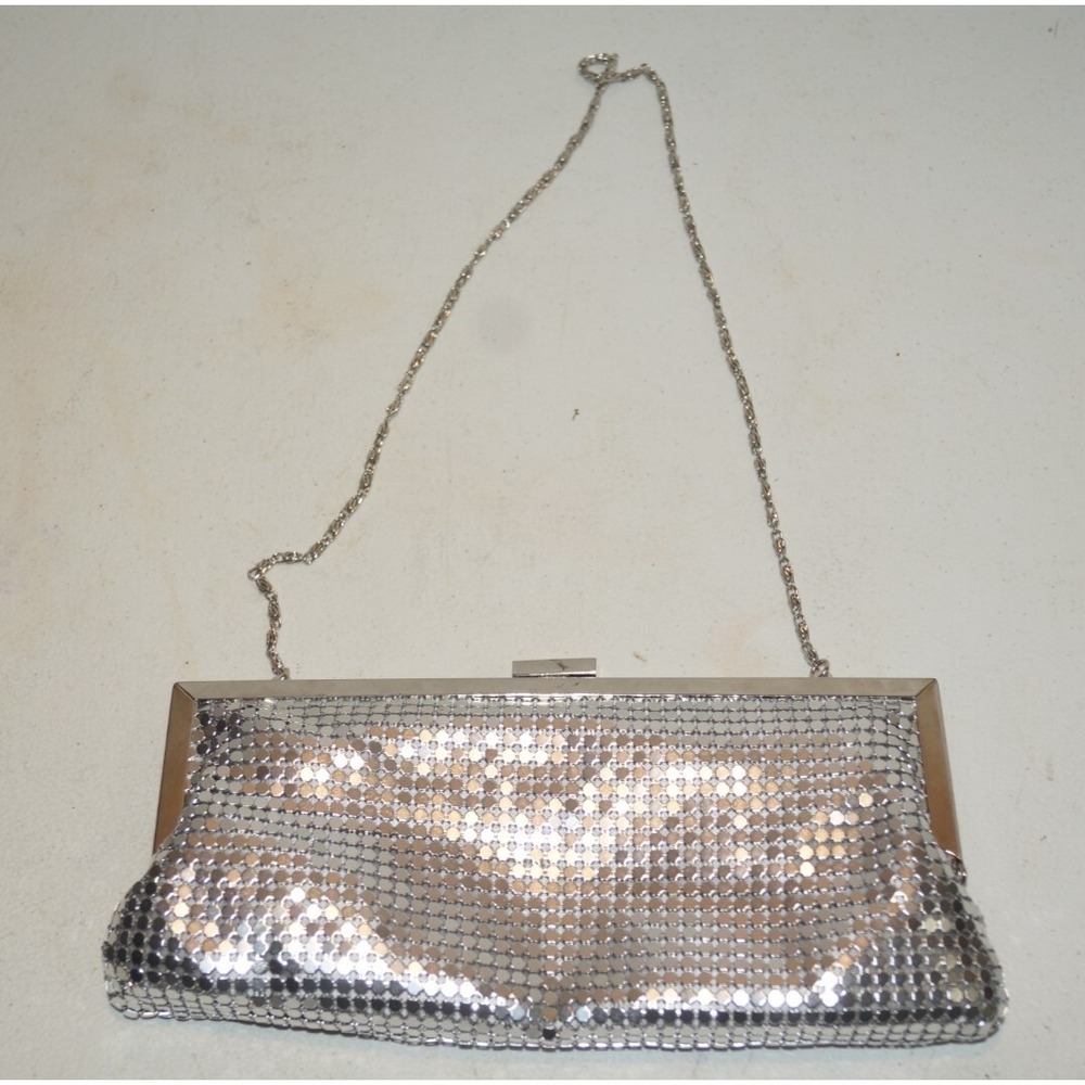 Women's Silver Evening Bag Clutch Snap Closure Crossbody Chain Strap